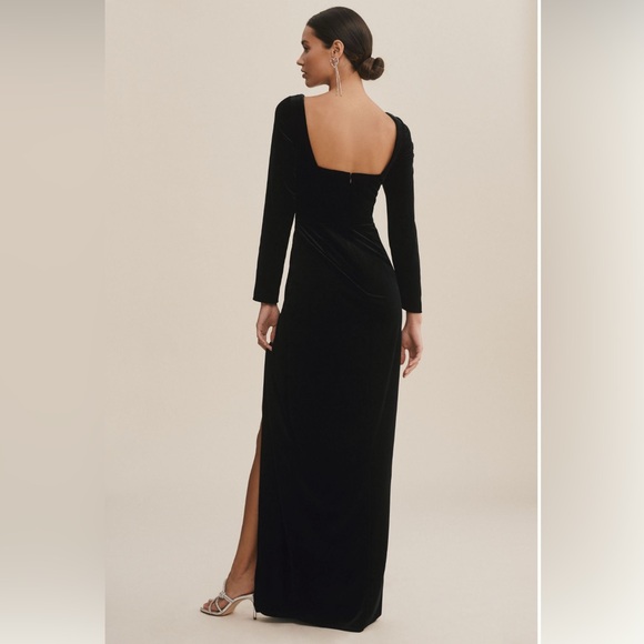 Anthropologie Jenny Yoo Rachel Long-Sleeve Stretch Velvet Gown, Black - Picture 2 of 6